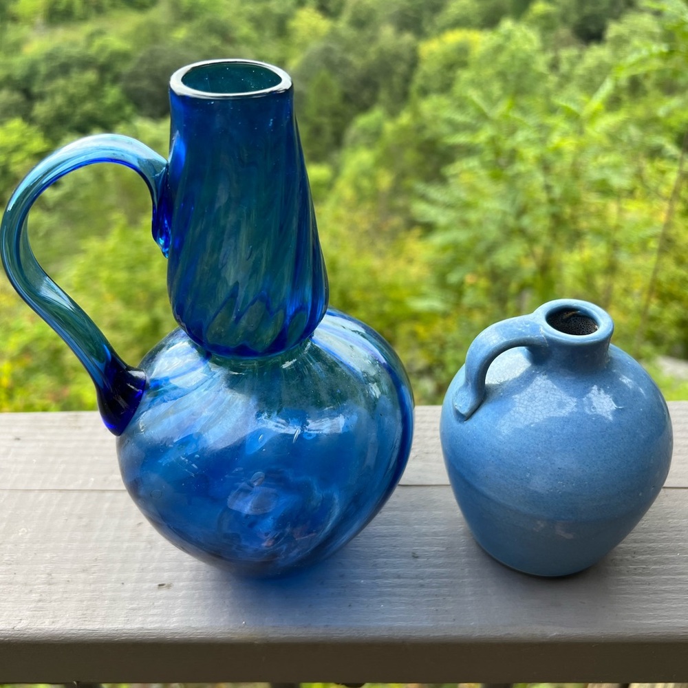 set of 2 vintage blue vases, blown glass swirl and stoneware